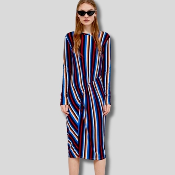 Zara Vintage Inspired Ribbed Stripes Midi Dress Sz. Medium - Picture 3 of 8